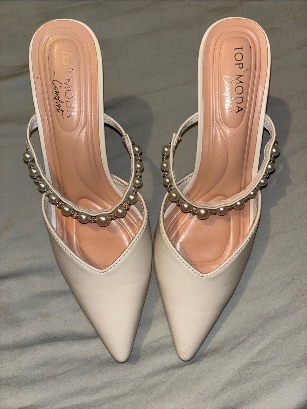 TOP Moda White Pointed Toe Mules with Pearl Strap